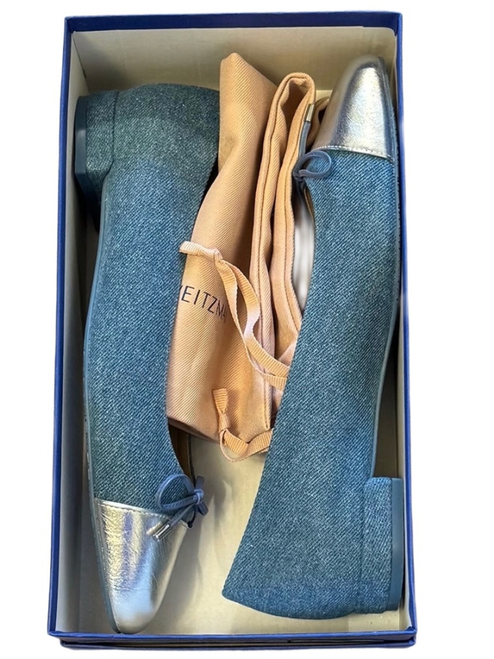Stuart Weitzman Sleek Bow Denim Ballerina Flat Silver Cap Toe Size 9 - Picture 3 of 7